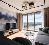 Prenájom 2-izbový byt s loggiou,55m2, EUROVEA TOWER - Obývačka v 2-izbovom byte s výhľadom na rieku a podlahou s dreveným dekorom.