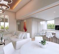 EXKLUZÍVNE: Celé podlažie v centre Piešťan s projektom apartmánov - Interiér Budova s kuchyňou, pohovkou a moderným osvetlením. Podlaha s dreveným dekorom.