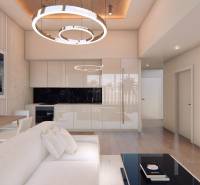 EXKLUZÍVNE: Celé podlažie v centre Piešťan s projektom apartmánov - Interiér s dekorom dreva, pohovkou, konferenčným stolíkom a okrúhlym svietidlom v Budove.