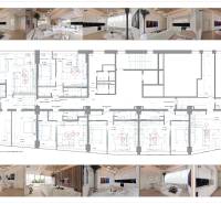 EXKLUZÍVNE: Celé podlažie v centre Piešťan s projektom apartmánov - Pôdorys a interiéry budovy so svetlou podlahou s dreveným dekorom a moderným zariadením.