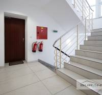  	 Bez Provízie | Kancelária 17m2 | Paulínyho ulica | Bratislava - Kancelárie s bielymi stenami, schodiskom a protipožiarnymi dverami, podlaha s dreveným dekorom.