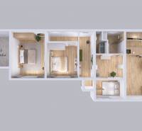 TOP - Rodinný dom s veľkým pozemkom - Dolný Hričov - Pôdorys Rodinného domu s podlahou s dreveným dekorom, letnou kuchynkou a nábytkom.