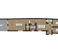 Rodinný dom s terasou, garáž, pozemok 902m2, Dojč, okr. Senica - Pôdorys rodinného domu s podlahou s dreveným dekorom: obývačka, kuchyňa, dve izby, terasa.