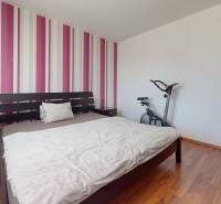 Predaj, 4izbový byt  Fončorda, Banská Bystrica - Spálňa so vzorovanou stenou, posteľou, rotopedom a podlahou s dreveným dekorom v 4-izbovom byte.