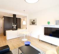 Komfortne vybavený 2-izbový byt v projekte 2 Sýpky - Obývačka s kuchynským kútom, podlaha s dreveným dekorom, 2-izbový byt, svetlý interiér.