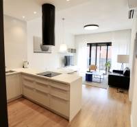 Komfortne vybavený 2-izbový byt v projekte 2 Sýpky - Kuchyňa s ostrovčekom a obývačka, podlaha s dreveným dekorom, 2-izbový byt.