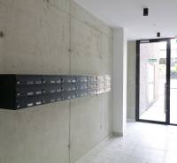 Komfortne vybavený 2-izbový byt v projekte 2 Sýpky - Poštové schránky na chodbe bytového domu s betónovými stenami a presklenými dverami.