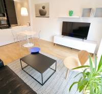 Komfortne vybavený 2-izbový byt v projekte 2 Sýpky - Obývačka s podlahou s dreveným dekorom a moderným nábytkom v 2-izbovom byte.