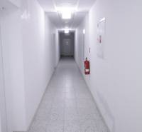 Komfortne vybavený 2-izbový byt v projekte 2 Sýpky - Tá úzka chodba s bielymi stenami, dlažbou a hasiacim prístrojom na stene.