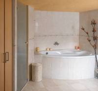 Čadca-Horelica | samostatná stavba s wellness zónou, sauna, krb - Kúpeľňa v rodinnom dome s rohovou vaňou, dekoratívnymi kvetinami a béžovými dlaždicami.