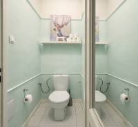Predaj 4+1 izbový byt, 110 m2, 2 balkóny, Obchodná ul, centrum BA - Kúpeľňa so svetlomodrými stenami, toaletou a dekoráciami v 4-izbovom byte.