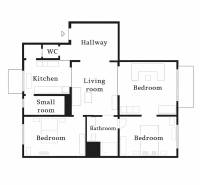 Predaj 4+1 izbový byt, 110 m2, 2 balkóny, Obchodná ul, centrum BA - Podorys 4-izbového bytu s kuchyňou, obývačkou, kúpeľňou, WC a malou miestnosťou.