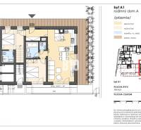 VILADOMY BUDATÍN - 3 IZBOVÝ BYT 125m2, A1 - Pôdorys 3-izbového bytu s terasou a vyznačením denných a nočných zón.