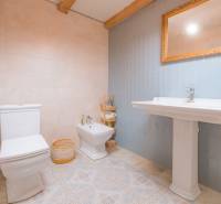 Na predaj zrekonštruovaný dom na Štefánikovej ulici, Trenčín - Kúpeľňa v rodinnom dome s toaletou, bidetom, umývadlom a zrkadlom v zlatej ráme.