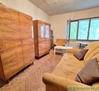 Pôvodný domček v obci Nová Vieska - Obývacia izba v rodinnom dome so skriňami, podlahou s dreveným dekorom a pohovkou.