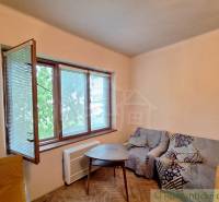 Pôvodný domček v obci Nová Vieska - Obývacia izba v rodinnom dome s pohovkou, stolíkom a oknami, podlaha s dreveným dekorom.