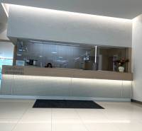 PRENÁJOM exkluzívnych priestorov 318 m2 TECHNOPOL, Kutlíkova ul. - Recepcia v obchodných priestoroch v Bratislave so skleneným a dreveným dekorom.