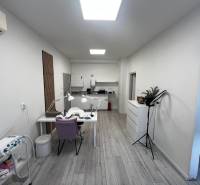 Prenájom ordinácie v zdravotnom stredisku Saratovská 24, Bratislava. - Obchodné priestory s podlahou s dreveným dekorom, nábytok, pracovný stôl a osvetlenie.