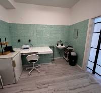 Prenájom ordinácie v zdravotnom stredisku Saratovská 24, Bratislava. - Interiér obchodných priestorov so zelenými obkladačkami a podlahou s dreveným dekorom.