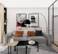 Predaj 3-izbový byt od 184 999 € v projekte Rezidencia Potôčik - Obývacia izba v 2-izbovom byte s pohovkou, stojacou lampou a podlahou s dreveným dekorom.