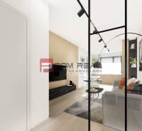 Predaj 3-izbový byt od 184 999 € v projekte Rezidencia Potôčik - Interiér 2-izbového bytu s podlahou s dreveným dekorom, pohovkou a sklenenými dverami.