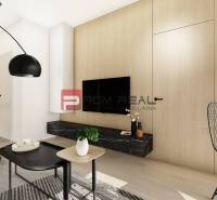 Predaj 3-izbový byt od 184 999 € v projekte Rezidencia Potôčik - Obývačka v 2-izbovom byte s dreveným dekorom, tmavým nábytkom a televízorom.