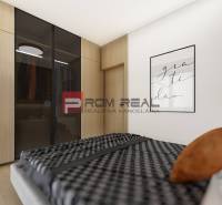 Predaj 3-izbový byt od 184 999 € v projekte Rezidencia Potôčik - Spálňa v 2-izbovom byte s dreveným dekórom, vstavaná skriňa, posteľ a dekorácia na stene.