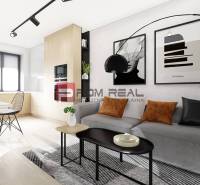 Predaj 3-izbový byt od 184 999 € v projekte Rezidencia Potôčik - Obývačka v 2-izbovom byte, sivá sedačka, čierny luster, podlaha s dreveným dekorom.
