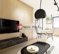 Predaj 3-izbový byt od 184 999 € v projekte Rezidencia Potôčik - Interiér 2-izbového bytu s podlahou s dreveným dekorom, TV, jedálenský stôl, okno.