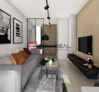 Predaj 3-izbový byt od 184 999 € v projekte Rezidencia Potôčik - Štýlový obývací priestor s pohovkou, umeleckými obrazmi a podlahou s dreveným dekorom.