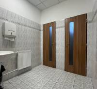 Investičná príležitosť: Polyfunkčná budova 1 000m², Košice-Staré mesto - Kúpeľňový interiér v budove s dvierkami, umývadlom a svetlou dlažbou.