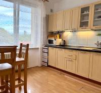 PRENÁJOM 1 izbový byt, 40 M2, Bratislava, Ružinov, Košická ulica, NIVY - Kuchyňa v 1-izbovom byte s podlahou s dreveným dekorom a veľkým oknom.