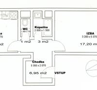 PRENÁJOM 1 izbový byt, 40 M2, Bratislava, Ružinov, Košická ulica, NIVY - Pôdorys 1-izbového bytu s kuchyňou, kúpeľňou a chodbou, celková plocha 33,57 m².