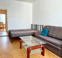 PRENÁJOM 1 izbový byt, 40 M2, Bratislava, Ružinov, Košická ulica, NIVY - Obývacia izba 1-izbového bytu s pohovkou, posteľou, skleneným stolíkom a podlahou s dreveným dekorom.