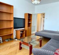 PRENÁJOM 1 izbový byt, 40 M2, Bratislava, Ružinov, Košická ulica, NIVY - Obývacia izba s policou, televízorom, pohovkou a podlahou s dreveným dekorom v 1-izbovom byte.
