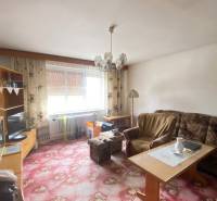 RD so záhradou, pivnicou garážou na Myjave.  - Obývacia izba v rodinnom dome s kobercom s kvetinovým vzorom a nábytkom.