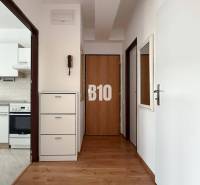 EXKLUZÍVNE Na predaj 3 izbový MEZONET v obľúbenej lokalite sídliska Ju - Chodba s podlahou s dreveným dekorom v Rekreačnom apartmáne, v pozadí kuchyňa.