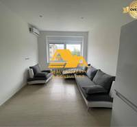 Prenajmem zariadený 3 izbový byt v Nových Zámkoch - Obývacia izba v 3-izbovom byte s dvoma sivými pohovkami a bielou chladničkou.