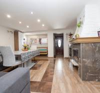 2-Generačný 9izb. RD s bazénom a veľkým pozemkom, Dvorníky - Obývacia izba v rodinnom dome, s podlahou s dreveným dekorom a krbom.