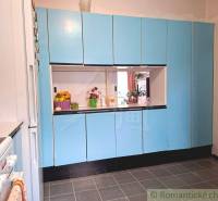 Veľkorysý 10-árový pozemok, slnečná nehnuteľnosť, priestranné bývanie  - Kuchyňa v rodinnom dome s modrými skrinkami a bielymi spotrebičmi.