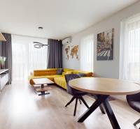 Predaj, 3-izbový byt v Slnečniciach, Bratislava - Obývačka v 3-izbovom byte s pohovkou, svetlými závesmi a podlahou s dreveným dekorom.