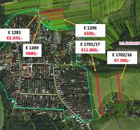 Košická Polianka – 2.600 m2 ORNÁ PÔDA - Letecký pohľad na poľnohospodárske a lesné pozemky v Košickej Polianke s vyznačenými cenami.