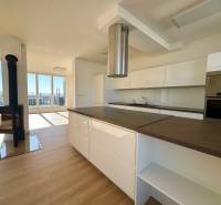 4i mezonet s dvoma terasami, balkónom a parkovaním - Kuchyňa v 4-izbovom byte s krbom a podlahou s dreveným dekorom.