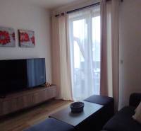 Predaj !Elegantný byt s wellness prvkami pri Jasnej - Obývacia izba s podlahou s dreveným dekorom, televíziou a gaučom, 2-izbový byt.