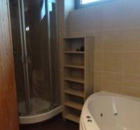 Predaj !Elegantný byt s wellness prvkami pri Jasnej - Kúpeľňa so sprchovacím kútom, rohovou vaňou a podlahou s dreveným dekorom v 2-izbovom byte.