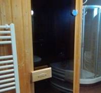 Predaj !Elegantný byt s wellness prvkami pri Jasnej - Sauna a sprcha v kúpeľni 2-izbového bytu s podlahou s dreveným dekorom.