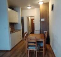 Predaj !Elegantný byt s wellness prvkami pri Jasnej - Interiér 2-izbového bytu s podlahou s dreveným dekorom a jedálenským stolom.