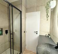 - PRENÁJOM - 3 IZBOVÝ BYT - WILSONOVA UL. - STARÉ MESTO - Kúpeľňa v 3-izbovom byte s čiernym umývadlom, sprchovým kútom a podlahou s dreveným dekorom.