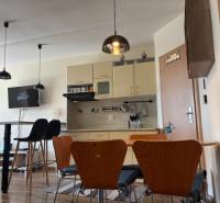 Exkluzívny investičný apartmán/byt  na predaj v srdci Donovál  - Kuchyňa a jedálenský kút v 1-izbovom byte s podlahou s dreveným dekorom.