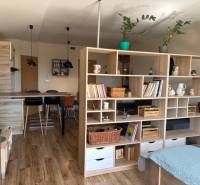 Exkluzívny investičný apartmán/byt  na predaj v srdci Donovál  - Interiér 1-izbového bytu s podlahou s dreveným dekorom a otvorenou kuchyňou.